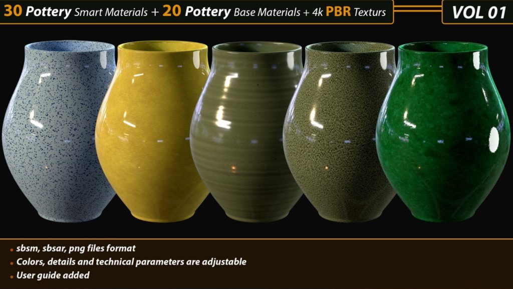 30 Pottery Smart material + 20 Pottery Base Material + 4k PBR Textures Vol01 (Premium)